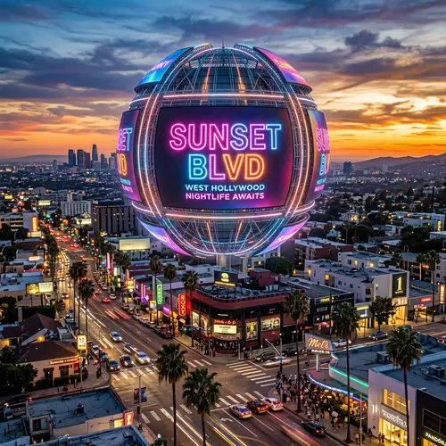 Futuristic Sphere with LED Billboards in West Hollywood Sunset