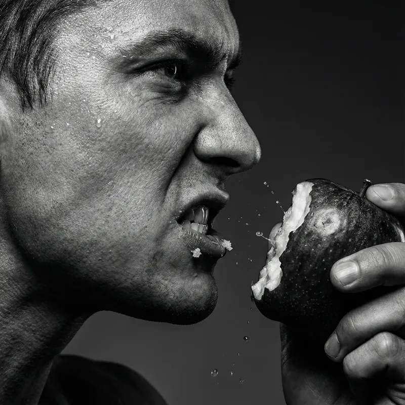 Triumphant Success: Determined Individual Biting Fruit with Dramatic Lighting and High Contrast