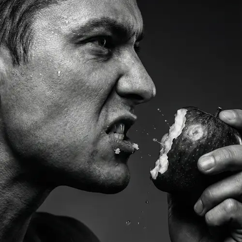 Triumphant Success: Dramatic Close-Up of Person Biting Fruit