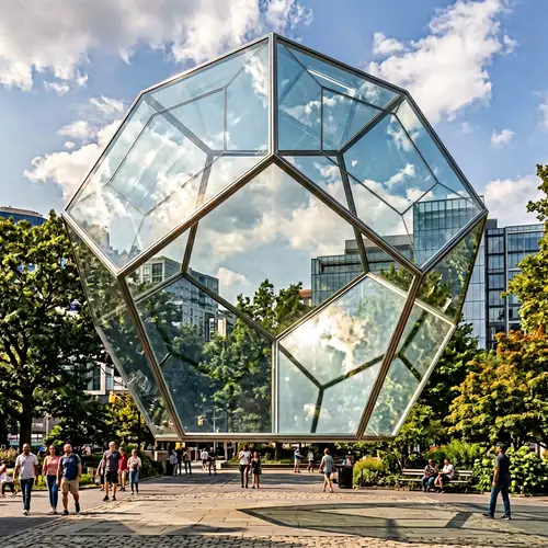50ft Tall Glass Dodecahedron Floating in Air