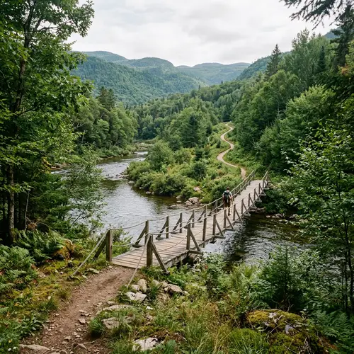 Tranquil River Crossing Surrounded by Dense Foliage