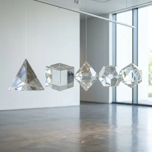 Modern Glass Sculpture Installation: Geometric Forms in Natural Lighting
