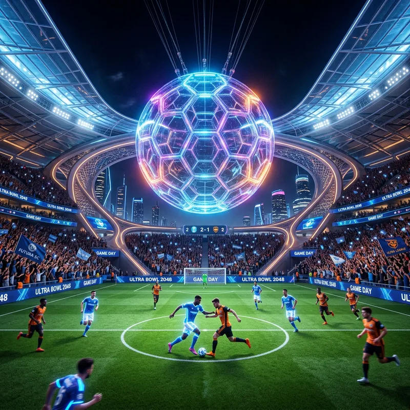Dynamic Night Game at Futuristic Soccer Stadium with LED-lit 50ft Glass Soccer Ball