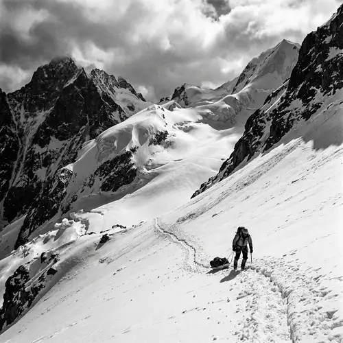 Snowy Mountains Journey: Essence of Determination in Monochrome
