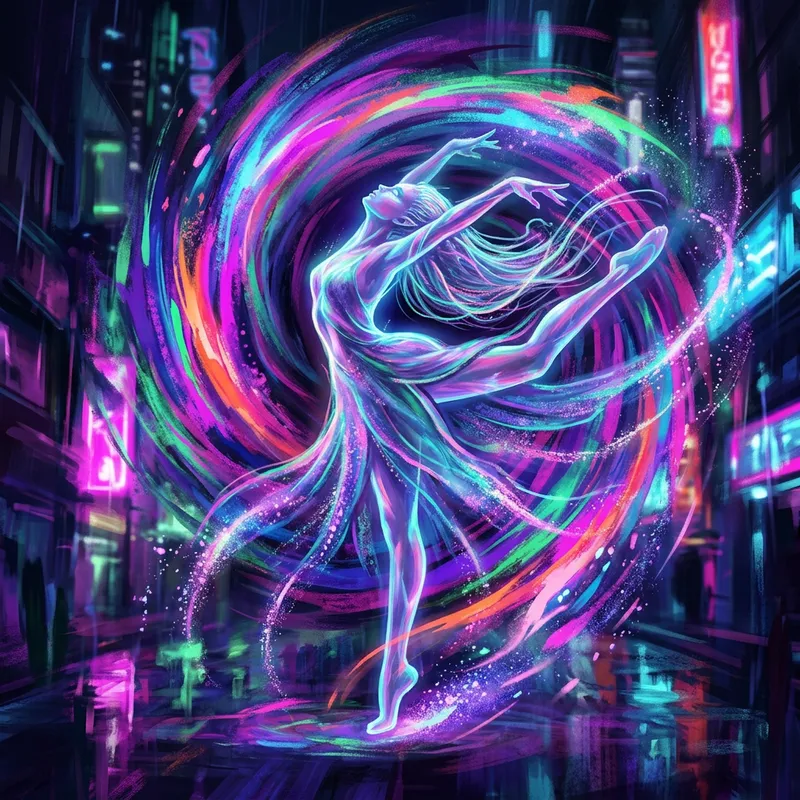 Mystical Being Dancing in Vibrant Neon Hues | Cyberpunk Art