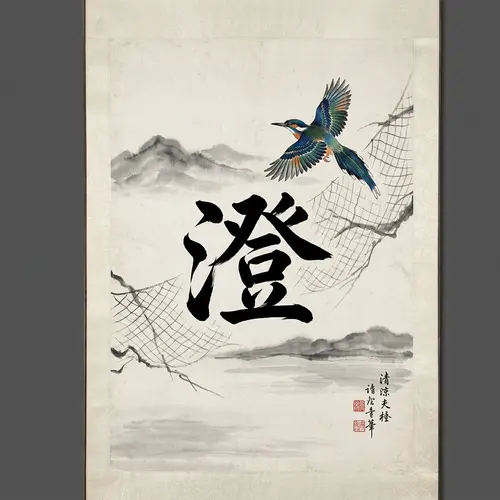 Chinese Character for Clarity - Elegant Ink Painting with Bird