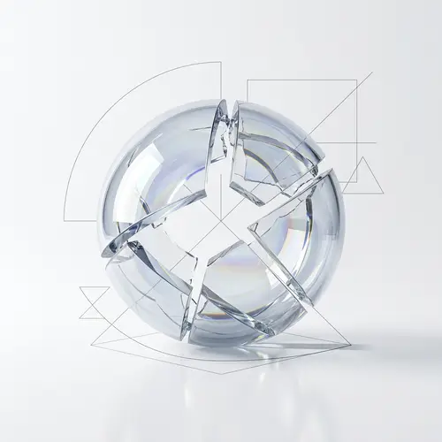 Minimalist Design Artwork: Broken Sphere with Reflection and Refraction