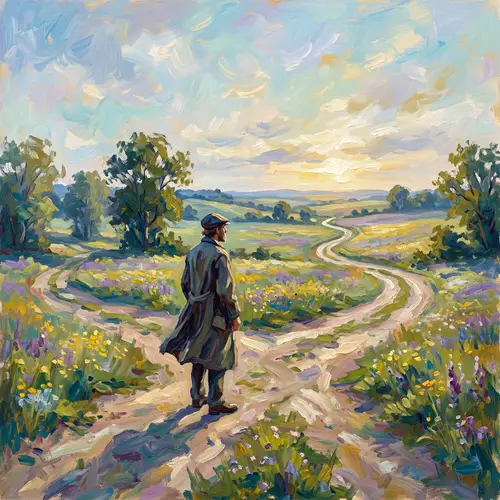 Impressionist Crossroads Painting with Contemplative Pose