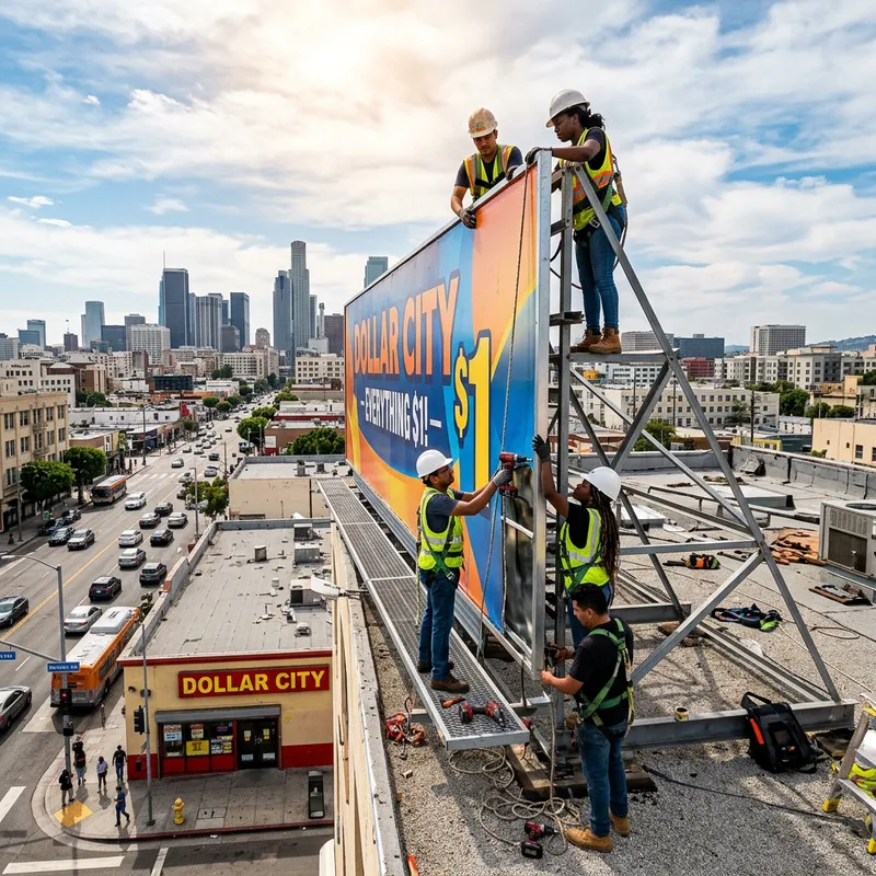 Vibrant Urban Scene: Workers Assembling Billboard on Dollar Store Roof