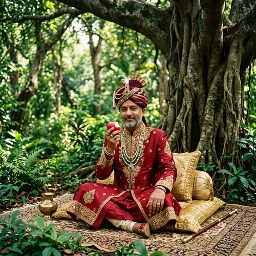 Majestic Maharaja Enjoying Red Apple in Lush Green Forest