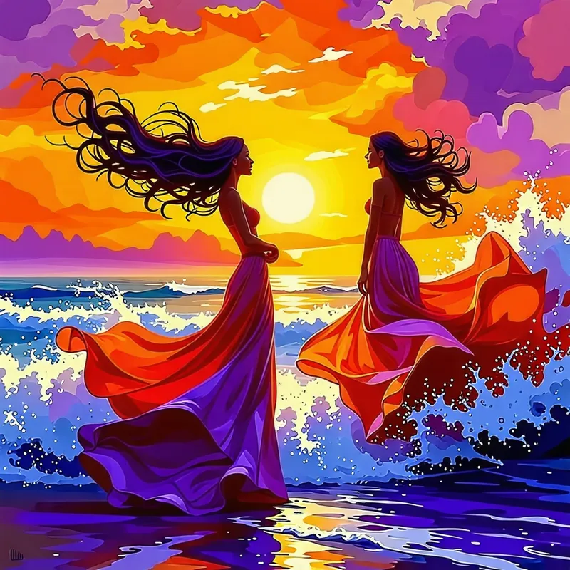Dynamic Beach Scene at Sunset | Captivating Art Dynamic Beach Scene at Sunset | Captivating Art