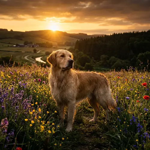 Regal Dog in Wildflower Field at Sunrise - Majestic Photography Session