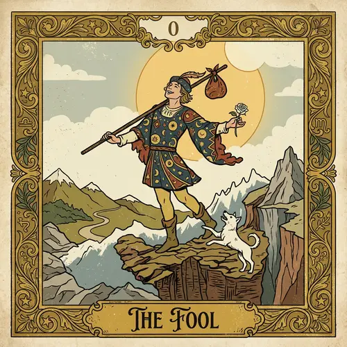 The Fool Tarot Card Illustration in Rider-Waite Style