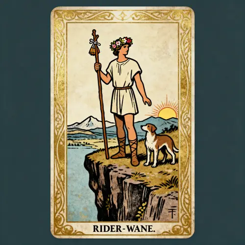The Fool Tarot Card Illustration in Rider-Waite Style