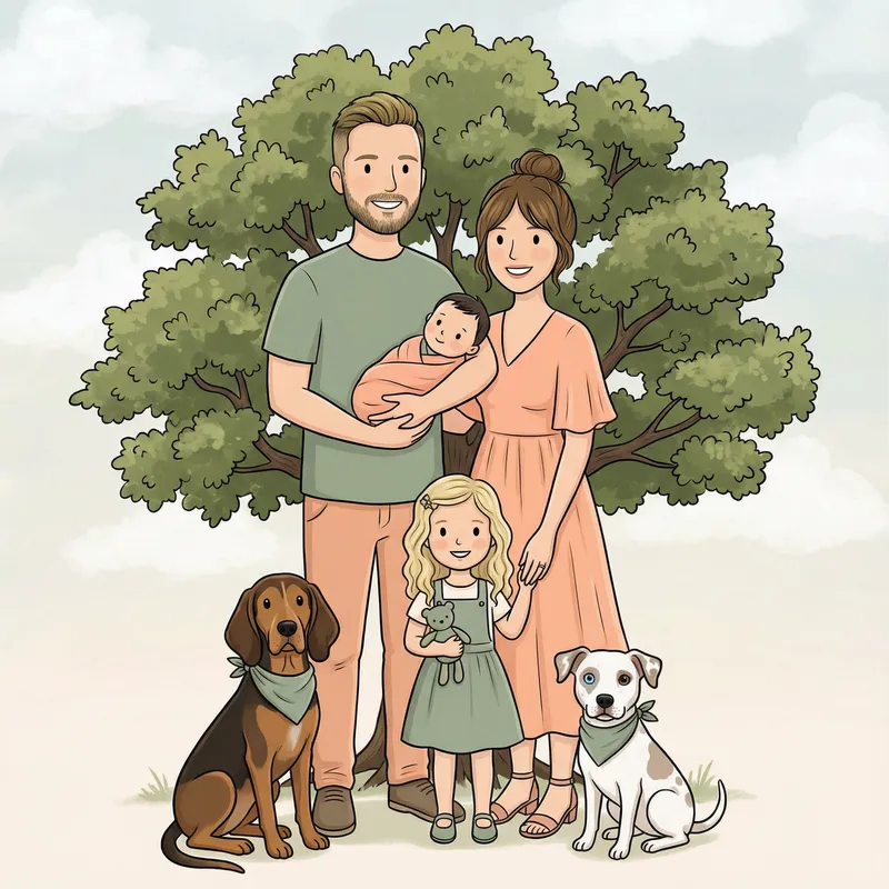 Adorable Cartoon Family with Dogs in Aesthetic Styles