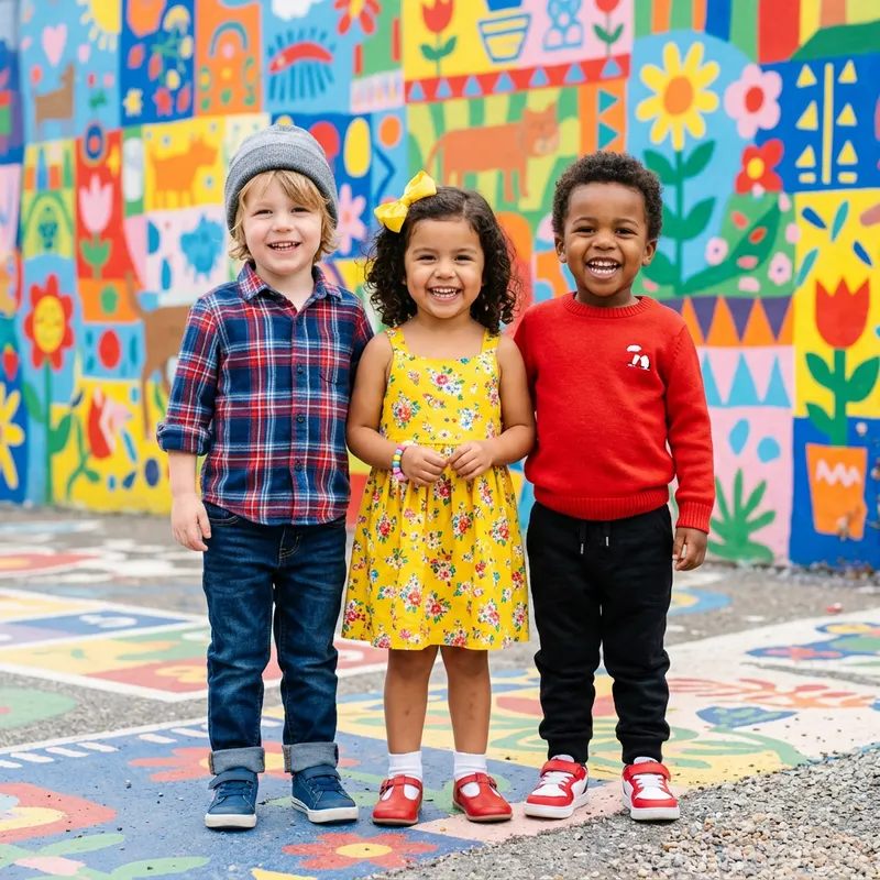 3 Fashionable Kids Standing Joyously | Bright Attire