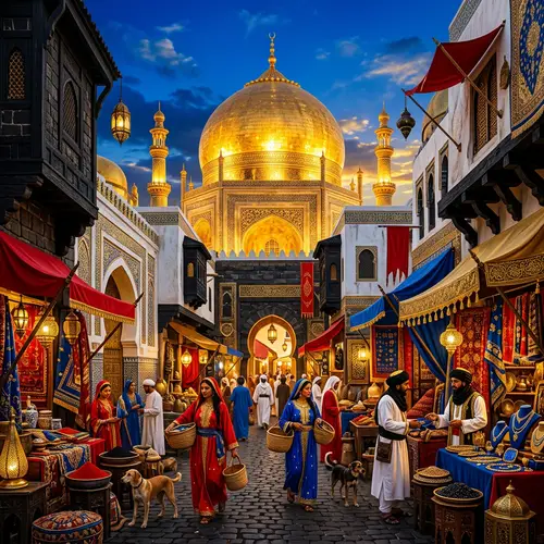 Vibrant Scene: Blue, Red, Black, White & Gold Radiance