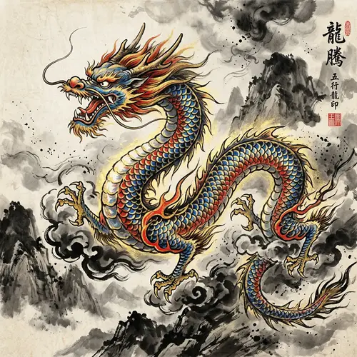 Majestic Chinese Dragon Ink Painting | Symbolizing Five Elements