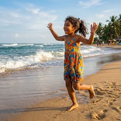 Young South Asian Girl Expressing Joy on Sandy Beach