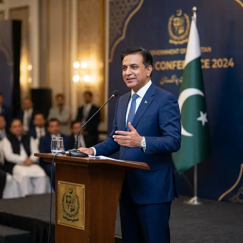 Confident Middle-Aged Man in Blue Suit Speaking Near Podium