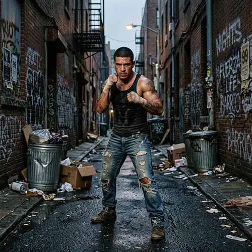 Muscular Hispanic Street Fighter in City Alley