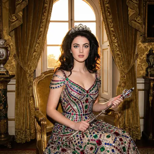 Regal Gemstone Dress and Platinum Tiara – Opulent Wealth Galore