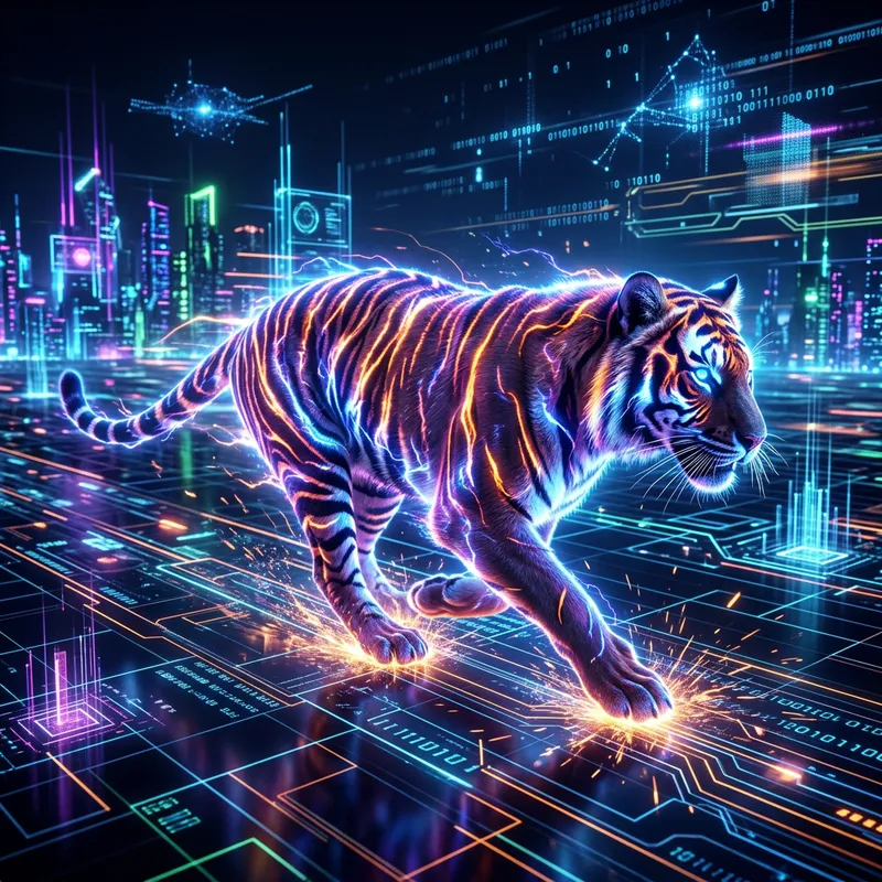 Tiger with Plasma Stripes in Digital Landscape Tiger with Plasma Stripes in Digital Landscape