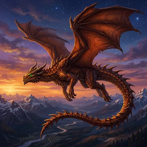 Majestic Mythical Dragon Art: Colossal Wings & Dark Orange Scales