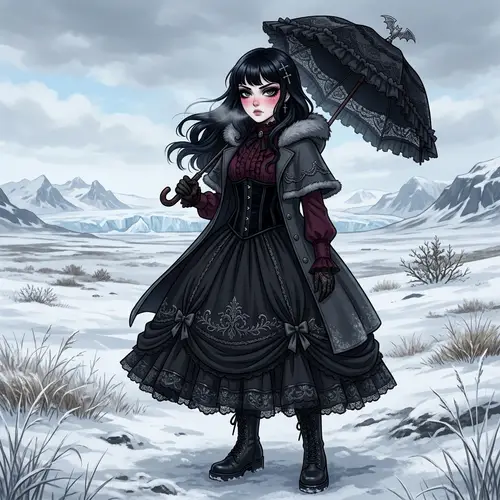 Gothic Anime Woman in Arctic Tundra | Dramatic Character Art
