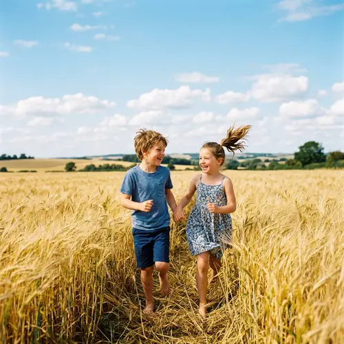 Young Boy and First Love Frolicking in Wheat Field