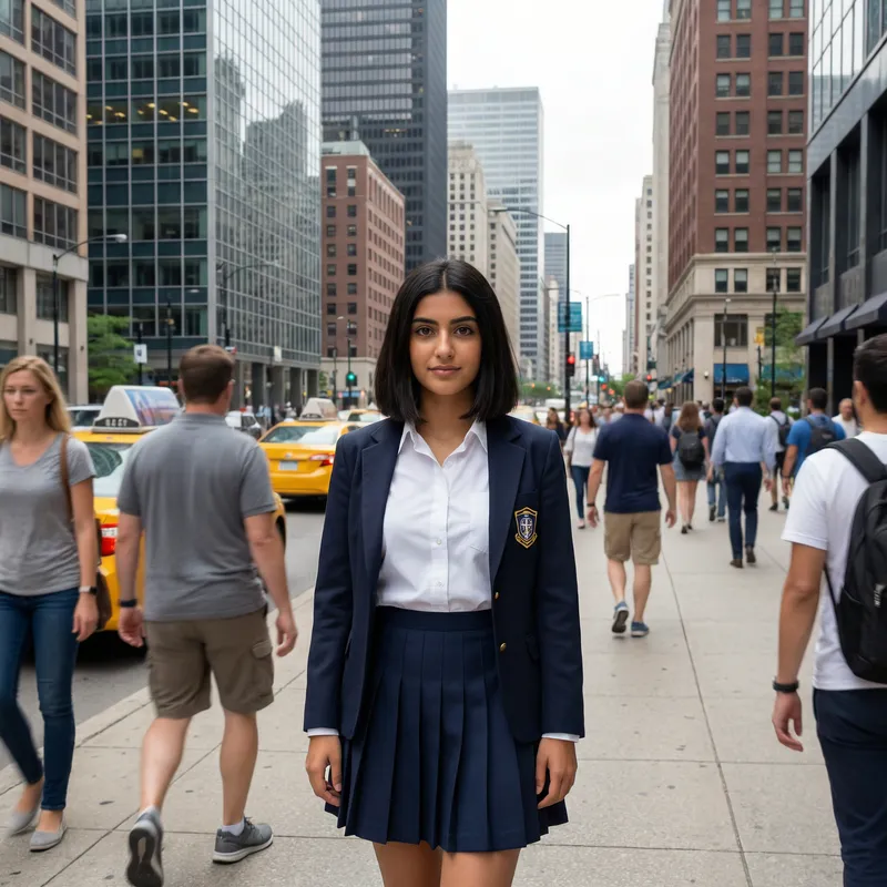Chic Schoolgirl in Unique Square Hairstyle on Chicago Street