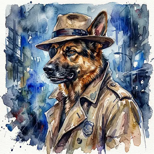 Watercolor Detective Dog Portrait - German Shepherd