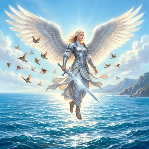 Angel with White Wings and Silver Sword Standing Over Sea