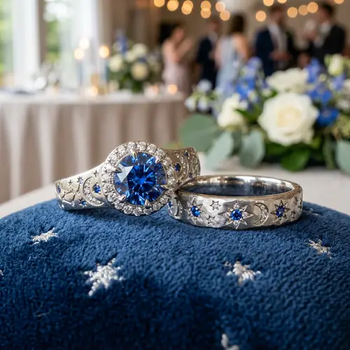 Star-Designed Wedding Rings with Blue Stones