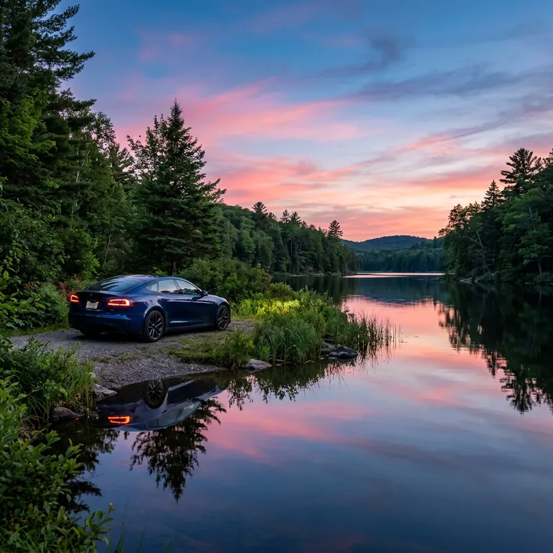 Tesla Car by Calm Lake | Tranquil Harmony Scene