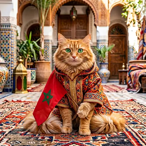 Ginger Cat in Moroccan Attire with Flag | Cultural Tribute