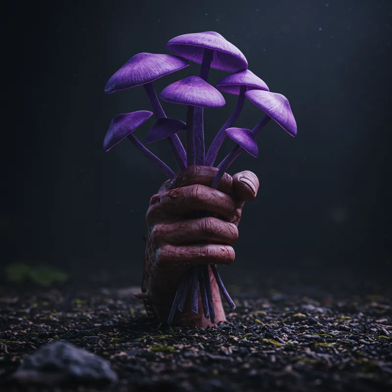 Decaying Hand Holding Toxic Purple Mushrooms