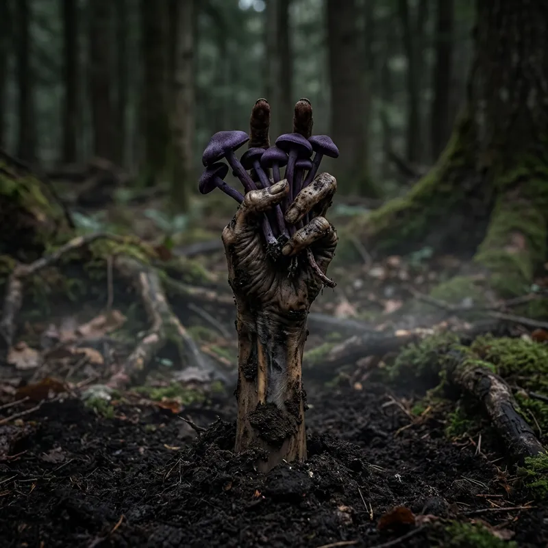 Decaying Hand Holding Toxic Purple Mushrooms