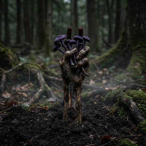 Decaying Hand Holding Toxic Purple Mushrooms