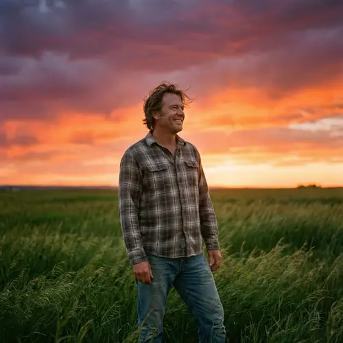 Casual Man Enjoying a Sunset in a Field