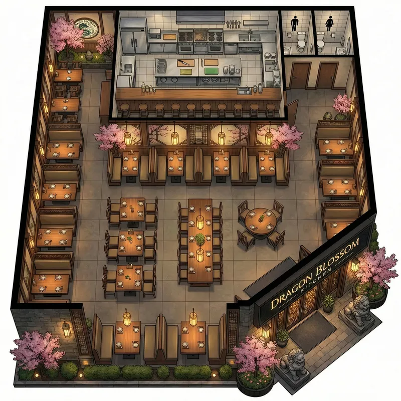 Overview Design with Seating, Kitchen & Bar Area Overview Design with Seating, Kitchen & Bar Area