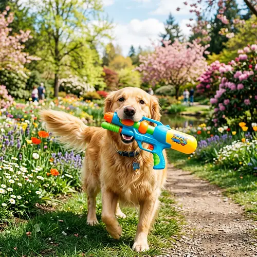 Playful Golden Retriever Dog with Cartoon Water Gun
