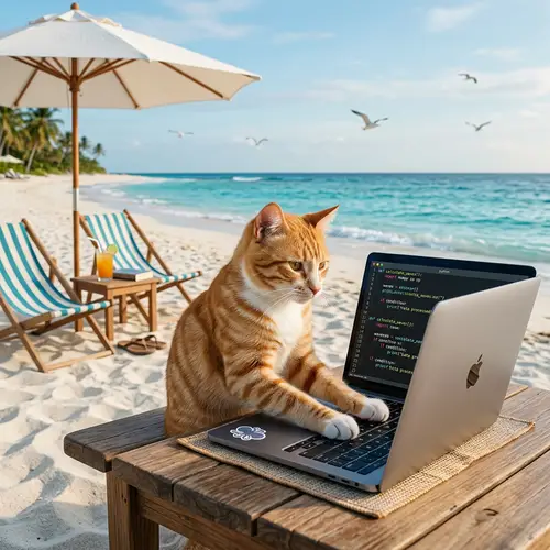 Orange Cat Typing on Laptop by the Seaside