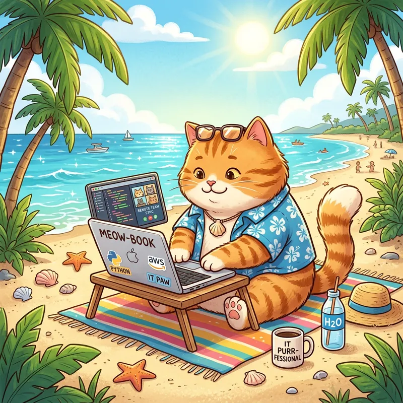 Chonky Cartoon Cat Freelancing in IT at Beach