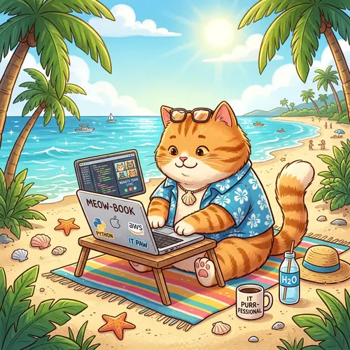 Adorable Cartoon Cat Working on Laptop at Sunny Beach