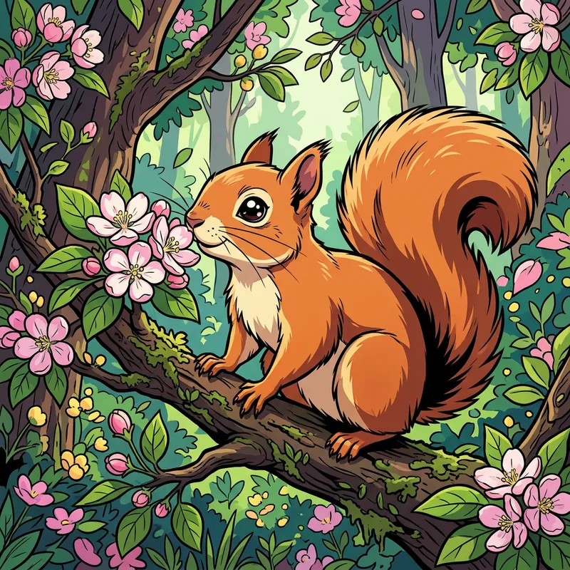 Sparkling Squirrel Delightfully Smelling Flower on Tree | Cell Shading Art Sparkling Squirrel Delightfully Smelling Flower on Tree | Cell Shading Art