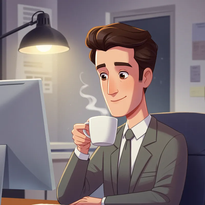 Animated Man in Casual Suit Enjoying Coffee