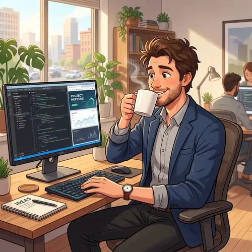 Animated Man in Casual Suit Enjoying Coffee