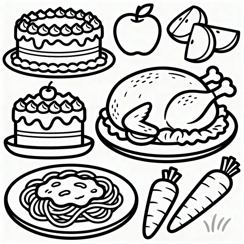 Delicious Cakes, Chicken, Pasta & Coloring Pages