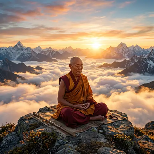 Monk Meditating at Sunrise: A Serene Moment